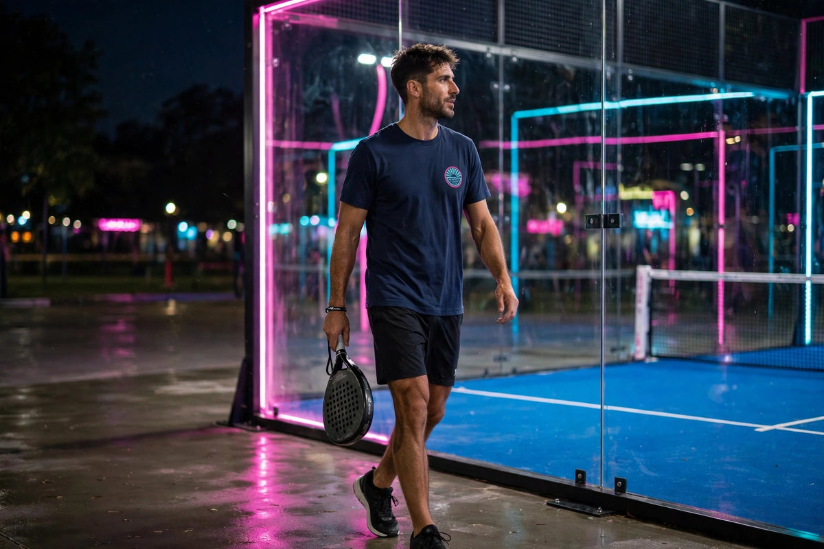 Model wearing the After Hours Chest Logo Tee in navy on a padel court at night