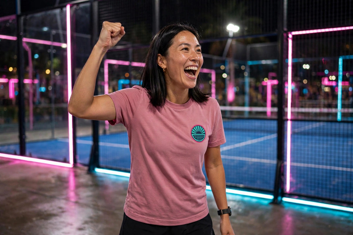 Model wearing the After Hours Chest Logo Tee in mauve on a padel court at night